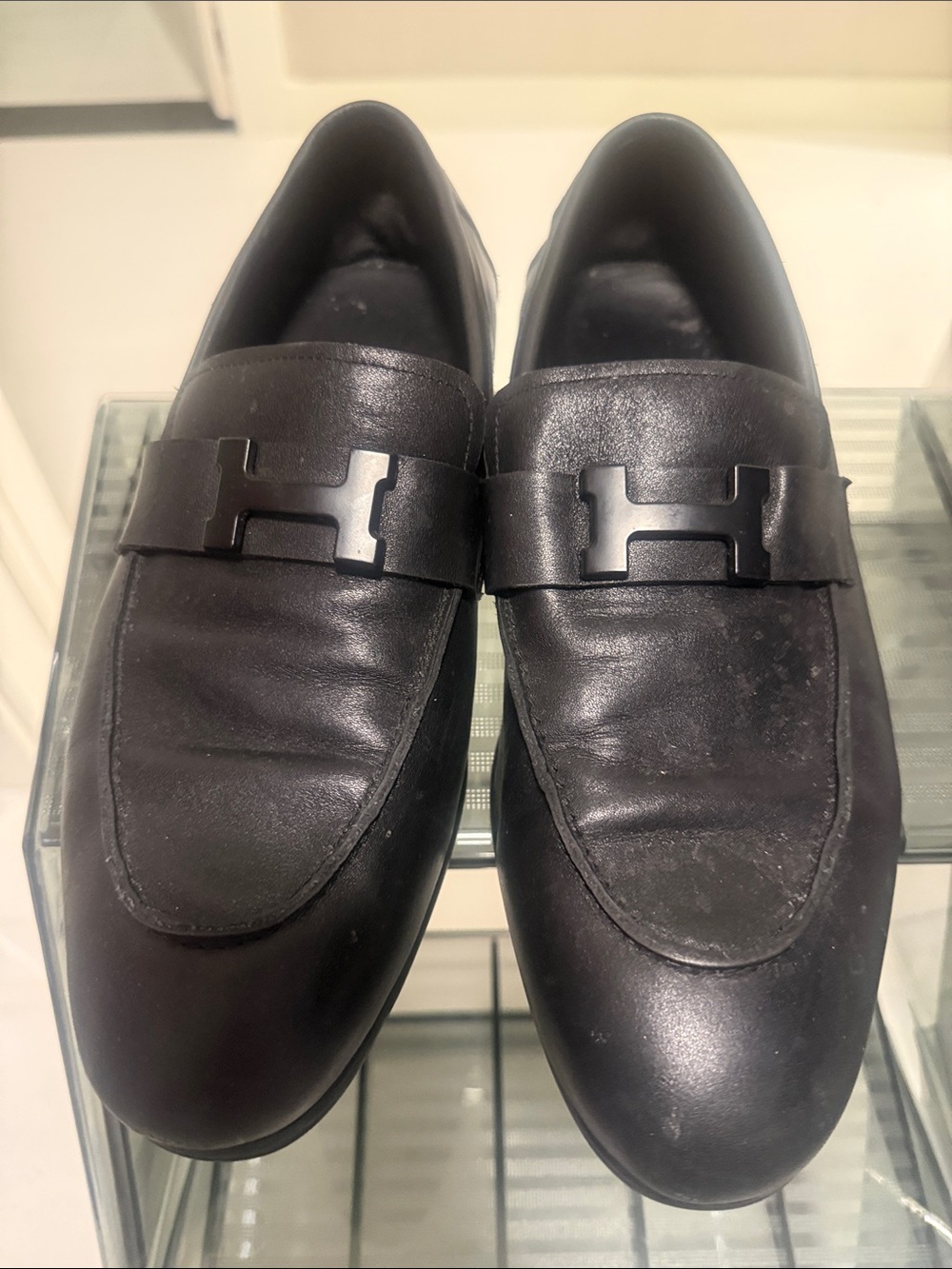 Men's Black Leather Slip-On Loafers with Matte Metal Accent